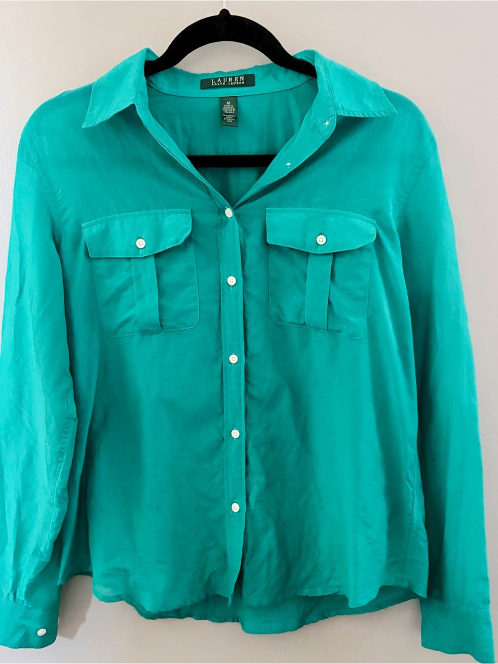 LAUREN Ralph Lauren Silk Blend Teal Turquoise Button Down Shirt Women Medium
